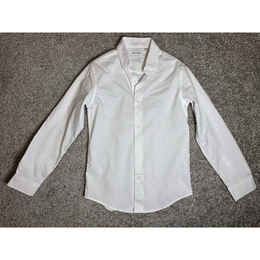 Calvin Klein Boys White Dress Shirt Size 12 Regular Slim Fit Stretch Long Sleeve